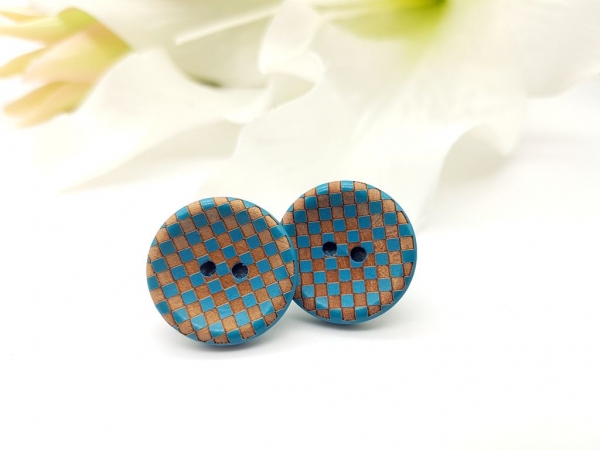 blau Karo Knopf Ohrstecker Holz Button